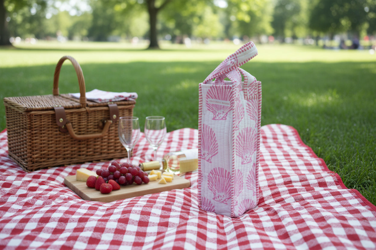 A Lil bit of Blush- Quilted Block Print Wine Tote Bag – Reusable, Handmade Hostess Gift, Holiday Gift Bag
