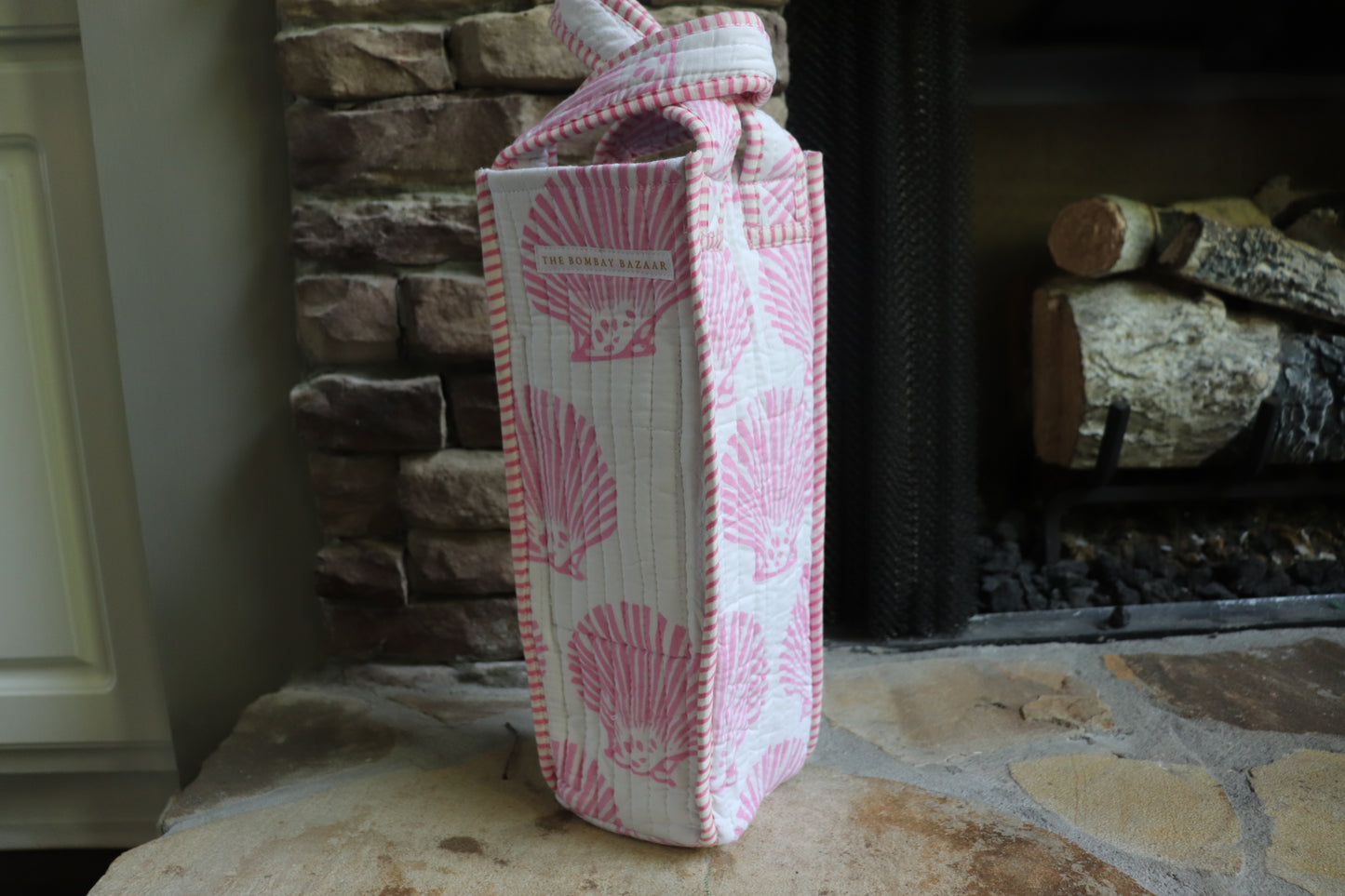 A Lil bit of Blush- Quilted Block Print Wine Tote Bag – Reusable, Handmade Hostess Gift, Holiday Gift Bag