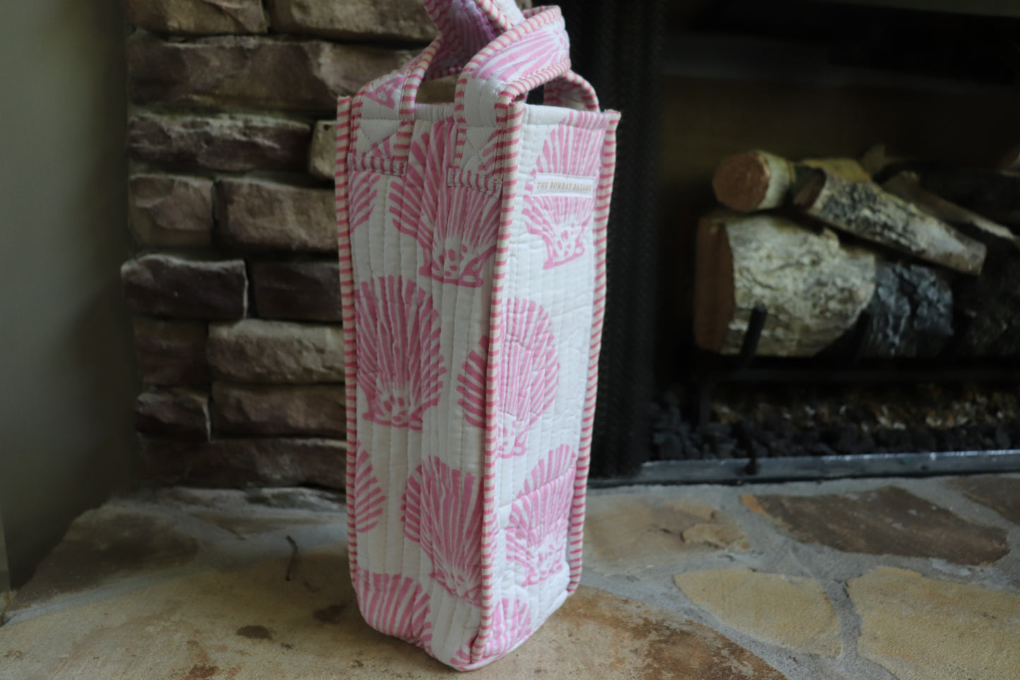 A Lil bit of Blush- Quilted Block Print Wine Tote Bag – Reusable, Handmade Hostess Gift, Holiday Gift Bag
