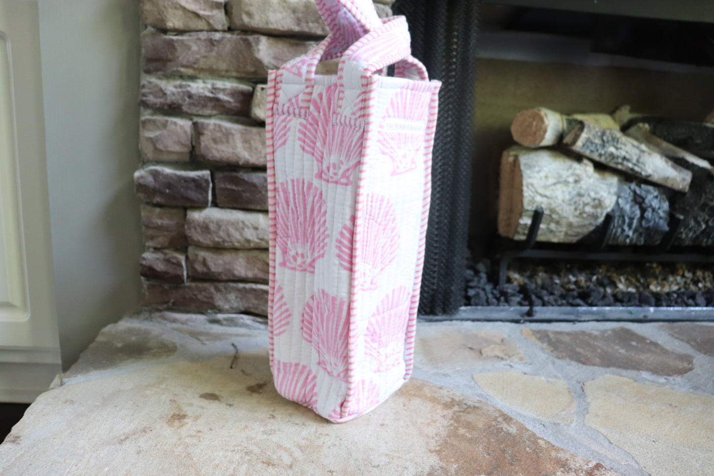 A Lil bit of Blush- Quilted Block Print Wine Tote Bag – Reusable, Handmade Hostess Gift, Holiday Gift Bag