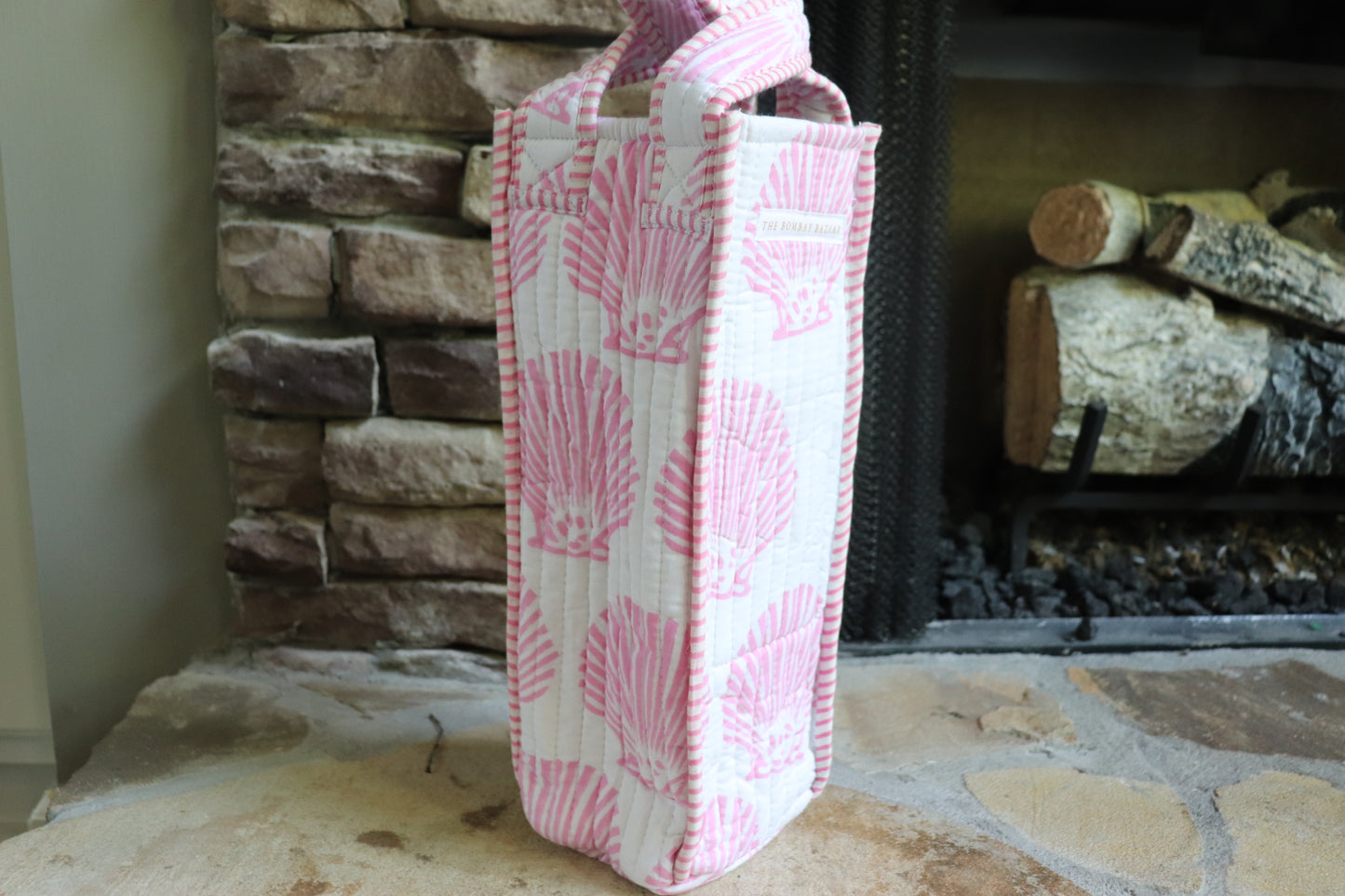 A Lil bit of Blush- Quilted Block Print Wine Tote Bag – Reusable, Handmade Hostess Gift, Holiday Gift Bag