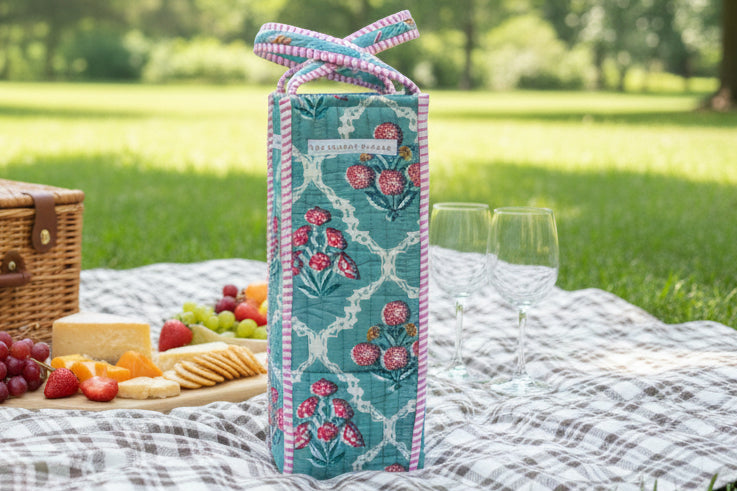 Spring Garden Quilted Block Print Wine Tote Bag - Reusable, Handmade Hostess Gift, Holiday Gift Bag