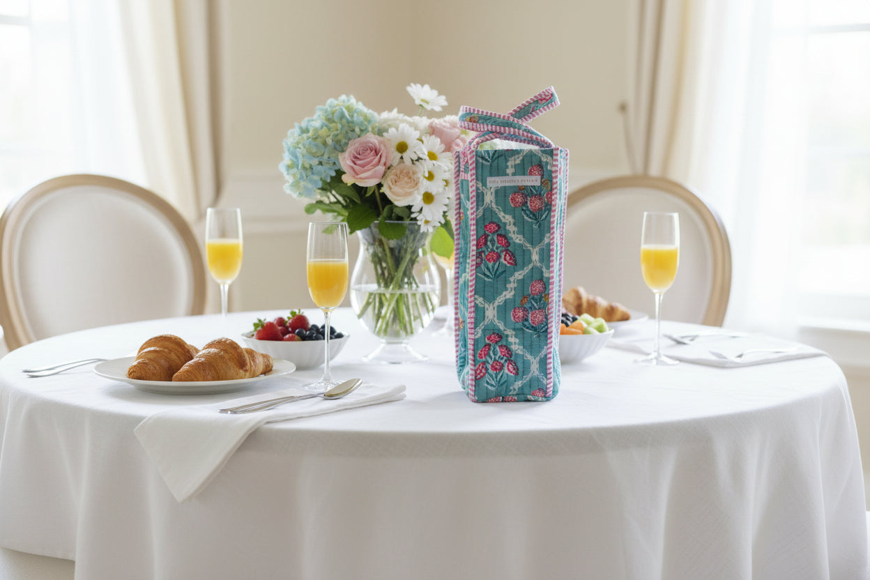 Spring Garden Quilted Block Print Wine Tote Bag - Reusable, Handmade Hostess Gift, Holiday Gift Bag